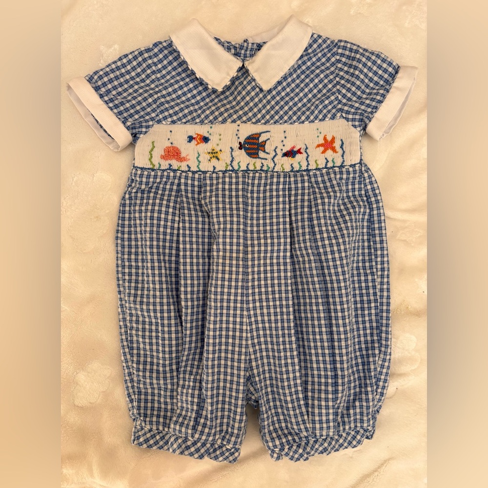 Vintage Blue Checkered Overalls with Fish Embroidery